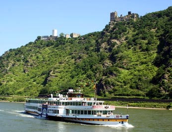 Tour boat Goethe on the Rhine River with the two castles Liebenstein and Sterrenberg in the background