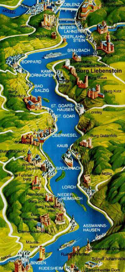 Rhine River map with Castles, UNESCO World Heritage, Germany